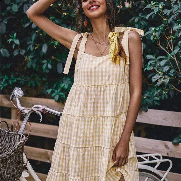 SOLD! NEW Yellow Knot strap Gingham dress - Picture 4 of 8